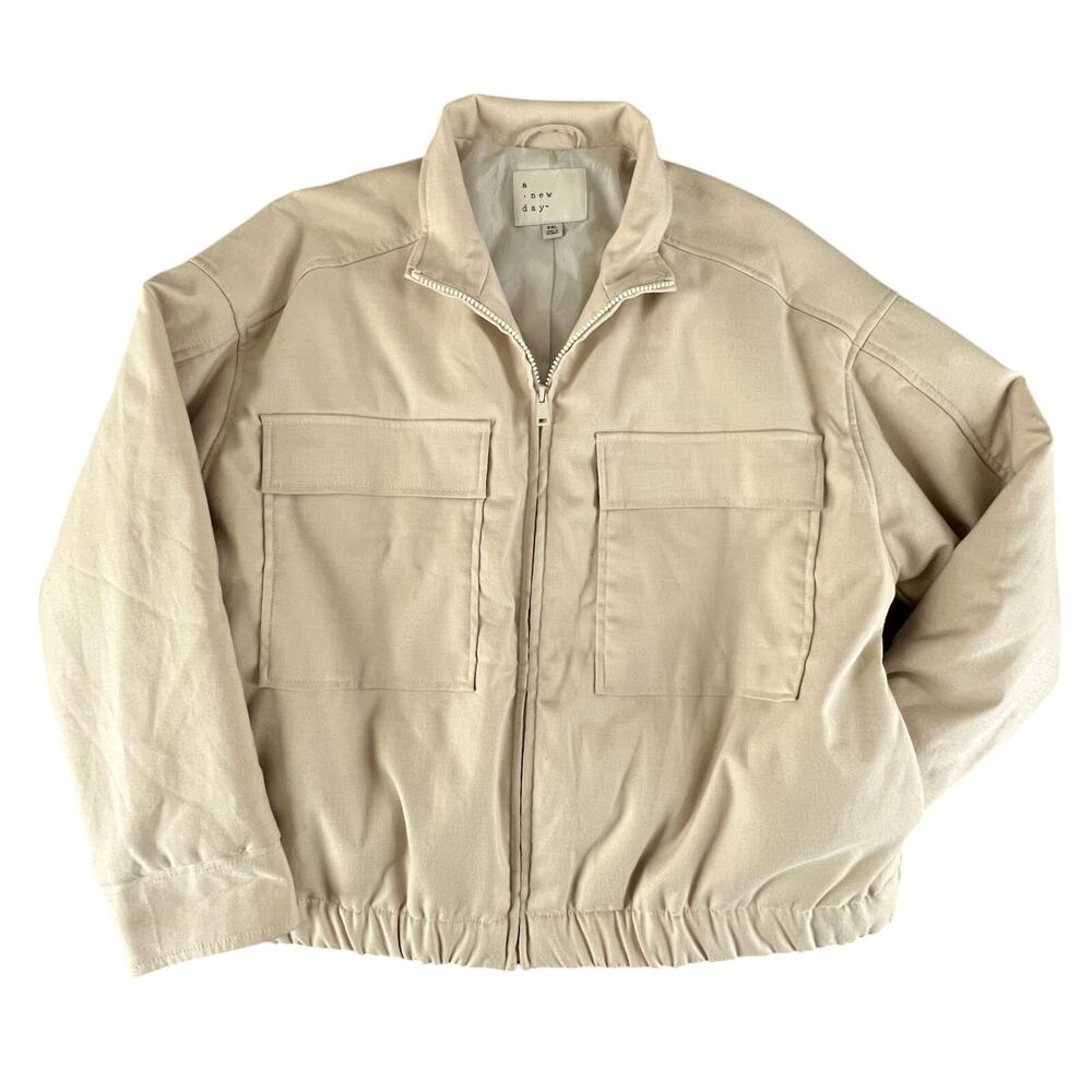 Womens 2XL Beige Bomber Jacket A New Day Utility Zip Front Padded Spring Coat